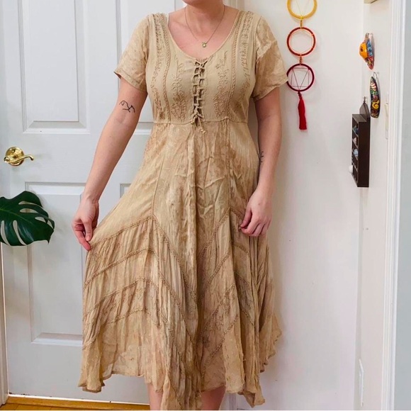 Boho Corset Crochet Golden Tan Embroidered V-Neck Dress w Sheer Insets - Picture 14 of 14
